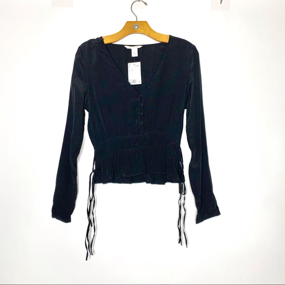 H&M Women Sz 2 Button Up Long Sleeve Blouse Shirt Black V Neck 14x19”